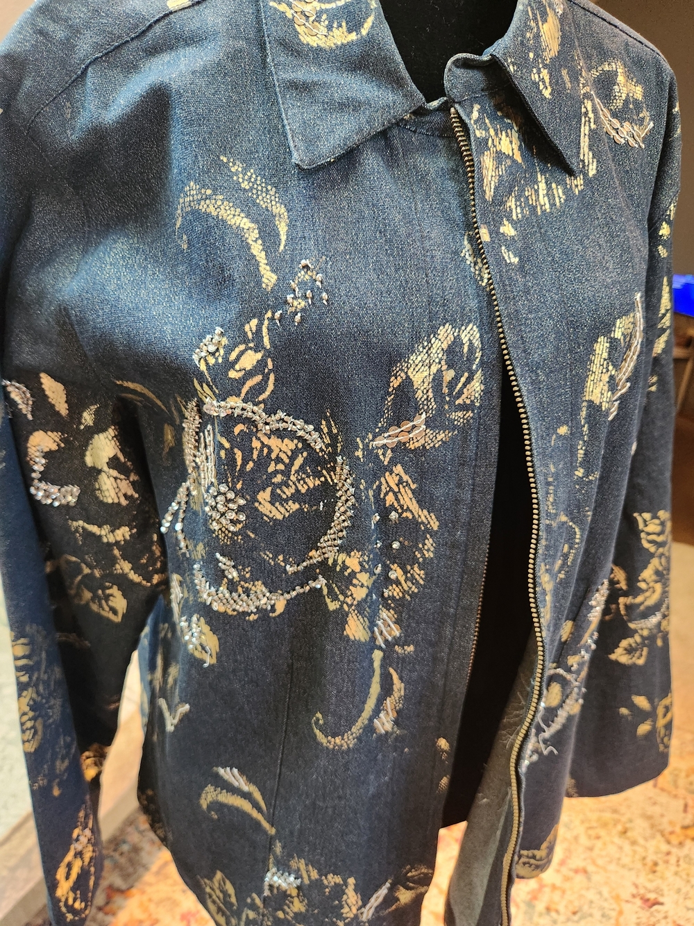 Chico's Navy Denim Jacket with Gold Floral Print XL Like New - Picture 3 of 11